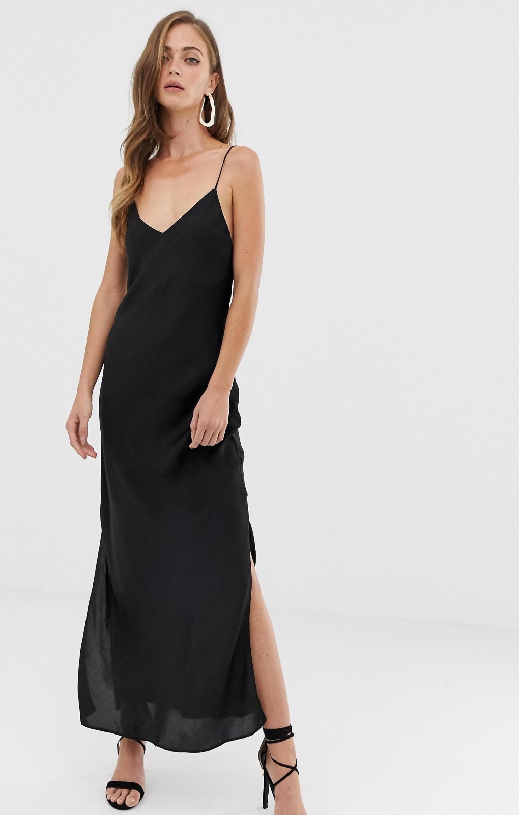 Designer style maxi shops black satin slip dress