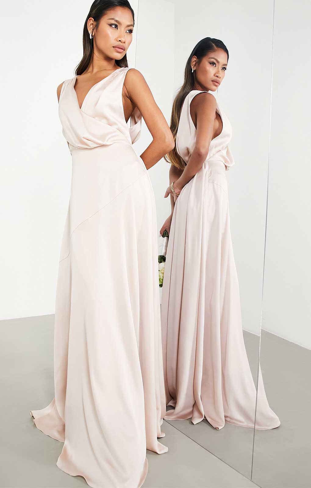 Rent Asos Edition Satin Maxi Dress With Wrap Bodice In Blush Pink Hirestreet