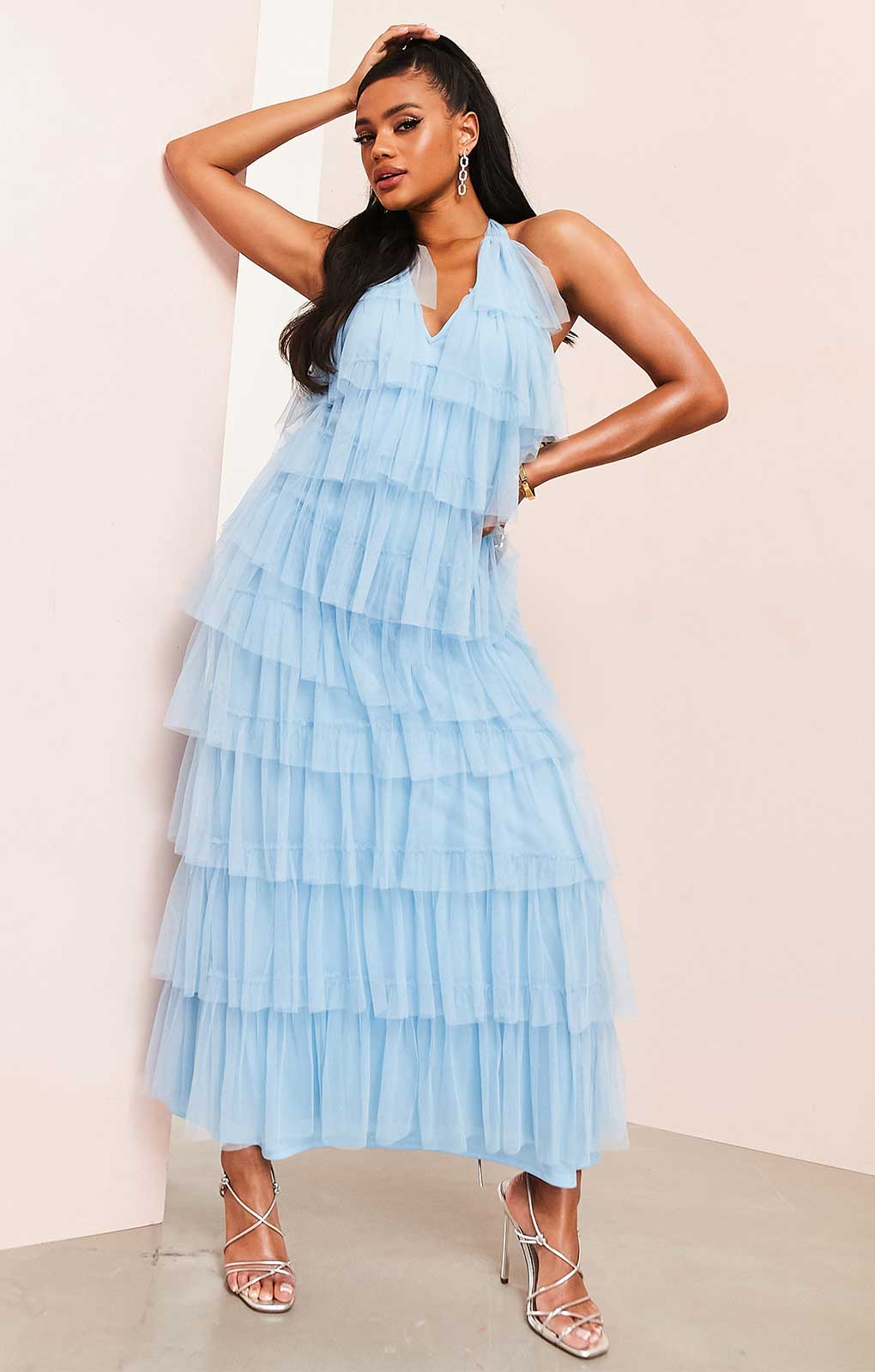 Rent Asos Luxe Ruffle Tulle Maxi Dress In Blue Hirestreet