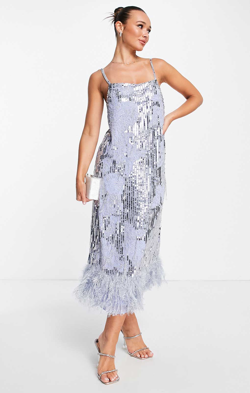 Rent Asos Edition Floral Sequin And Bead Midi Dress With Faux Feather Hem In Violet Hirestreet