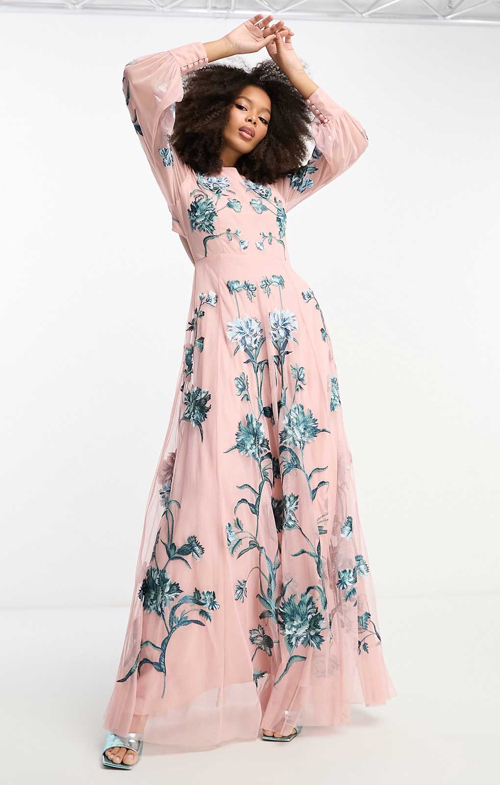 Rent Asos Edition Blouson Sleeve Floral Embroidered Maxi Dress With Open  Back In Light Pink