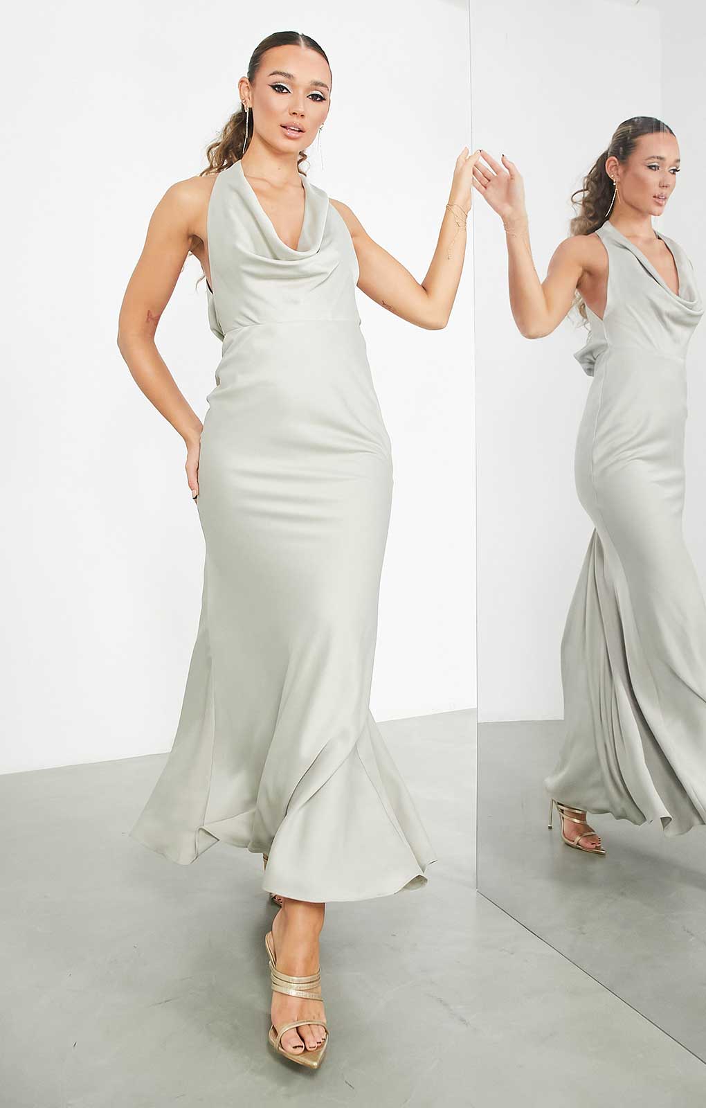 Rent Asos Edition Satin Halter Cowl Maxi Dress In Sage Green | Hirestreet