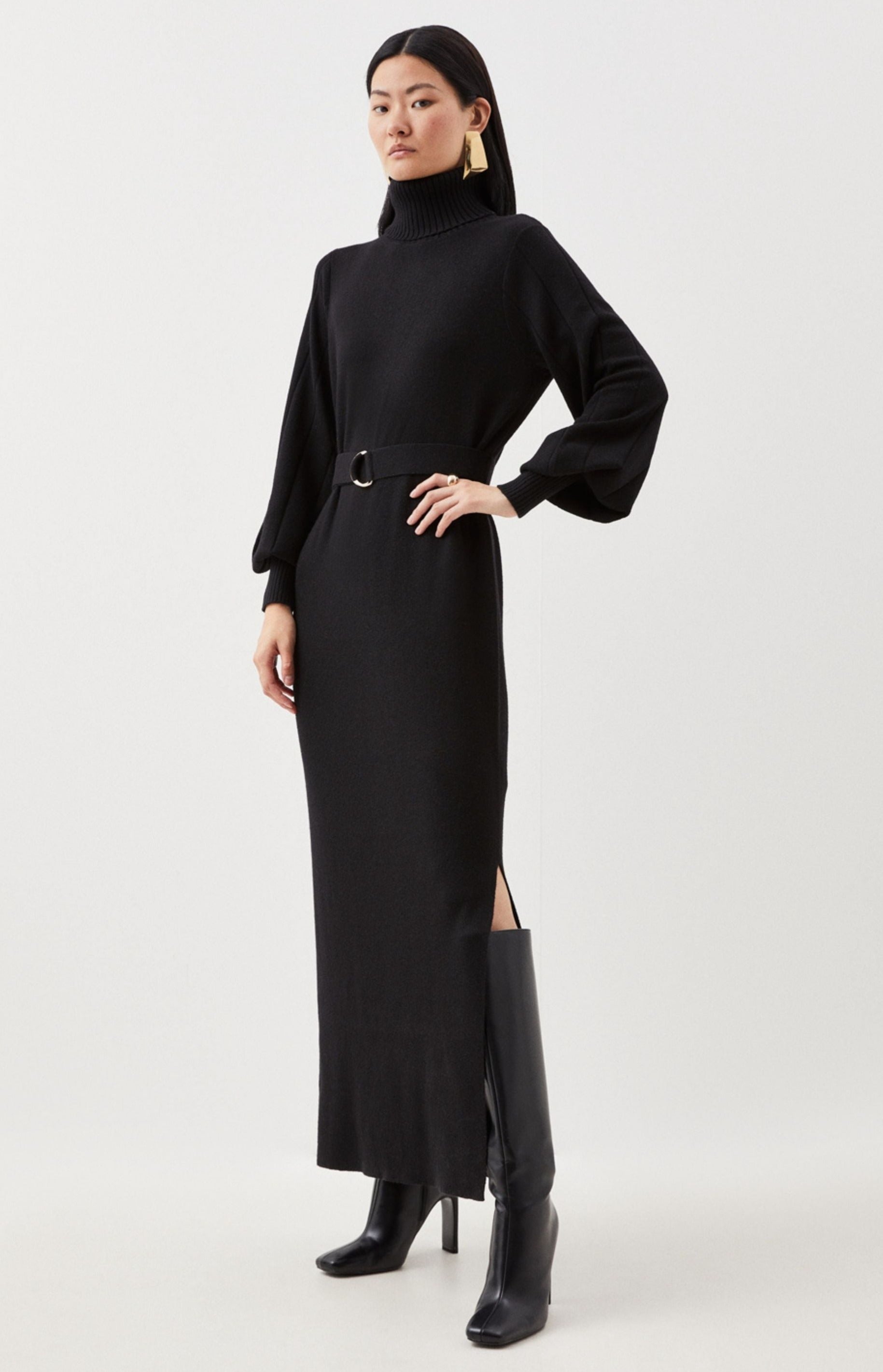 Rent Karen Millen Wool Blend Full Sleeve Belted Funnel Knit Neck Midaxi  Dress