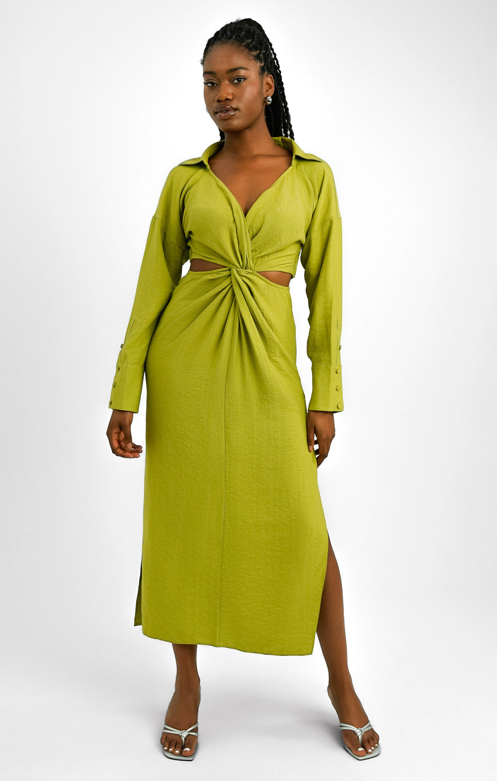 ASOS EDITION Twist Front Midi Shirt Dress With Cut Out Back In Kiwi Green