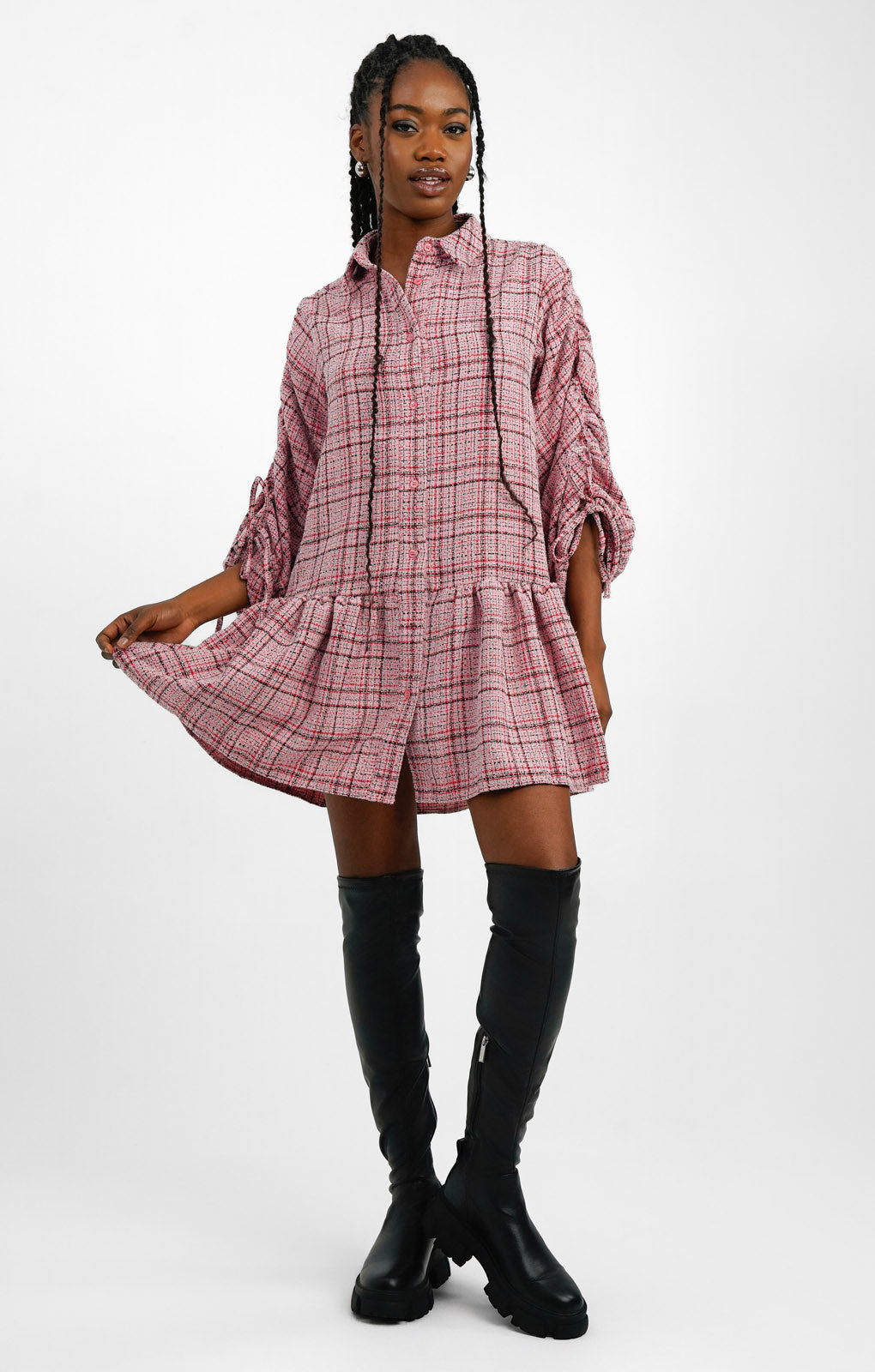 Plaid shirt dress with knee high boots online