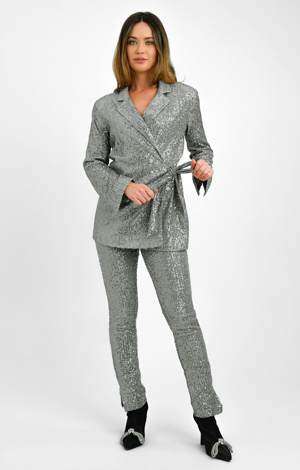 Rent ASOS DESIGN Petite Sequin Tie Waist Blazer In Gunmetal Hirestreet