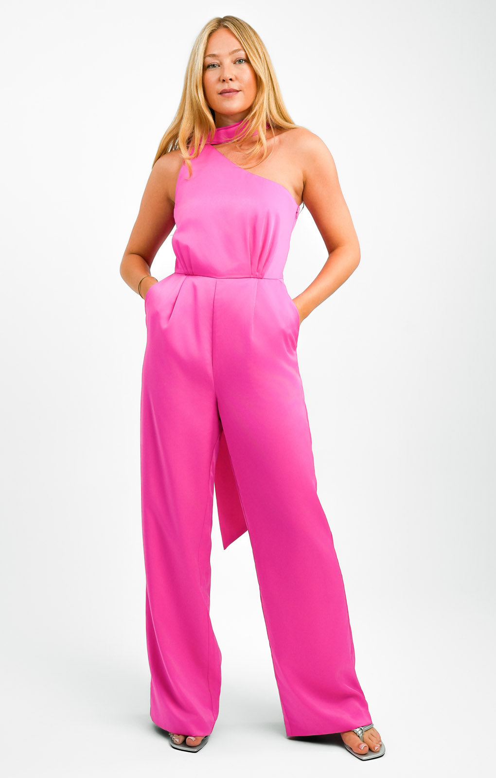 Rent Forever New Tie Neck Jumpsuit In Pink Satin Hirestreet