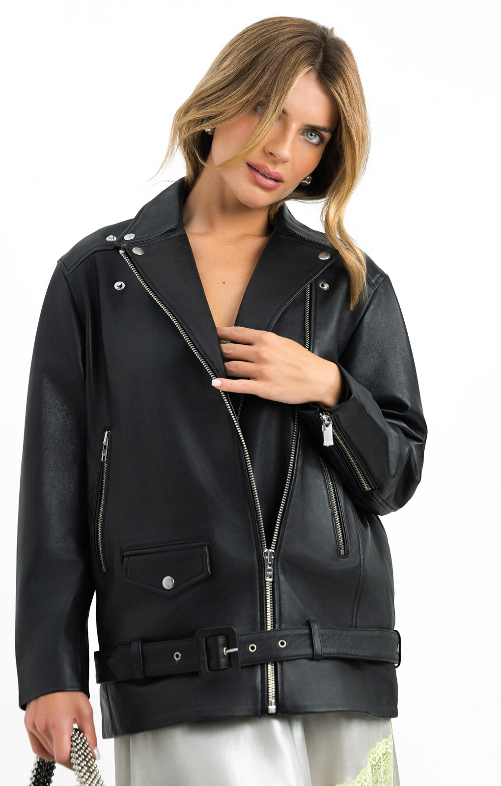 Black longline leather jacket online