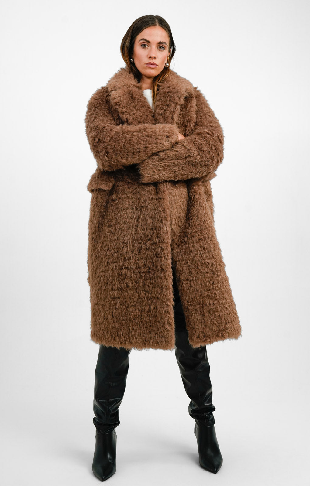 Rent Glamorous Longline Brushed Fluffy Coat In Walnut Hirestreet