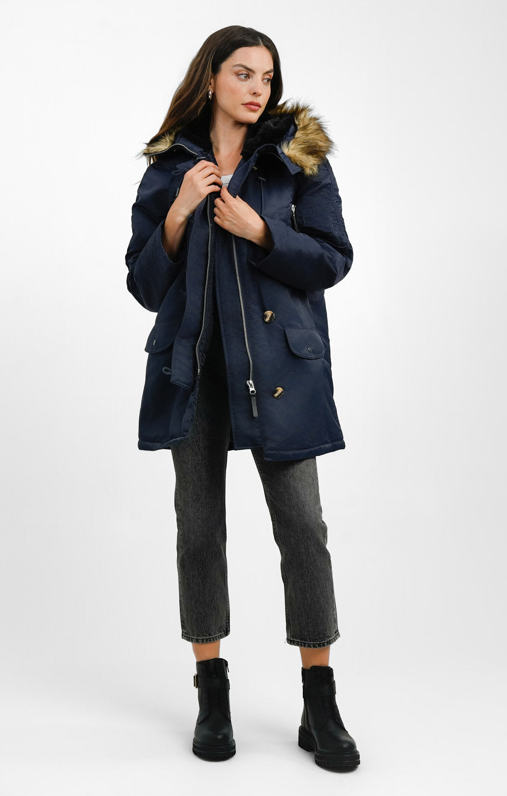 Rent ASOS DESIGN Nylon Parka With Fur Hood Navy Hirestreet