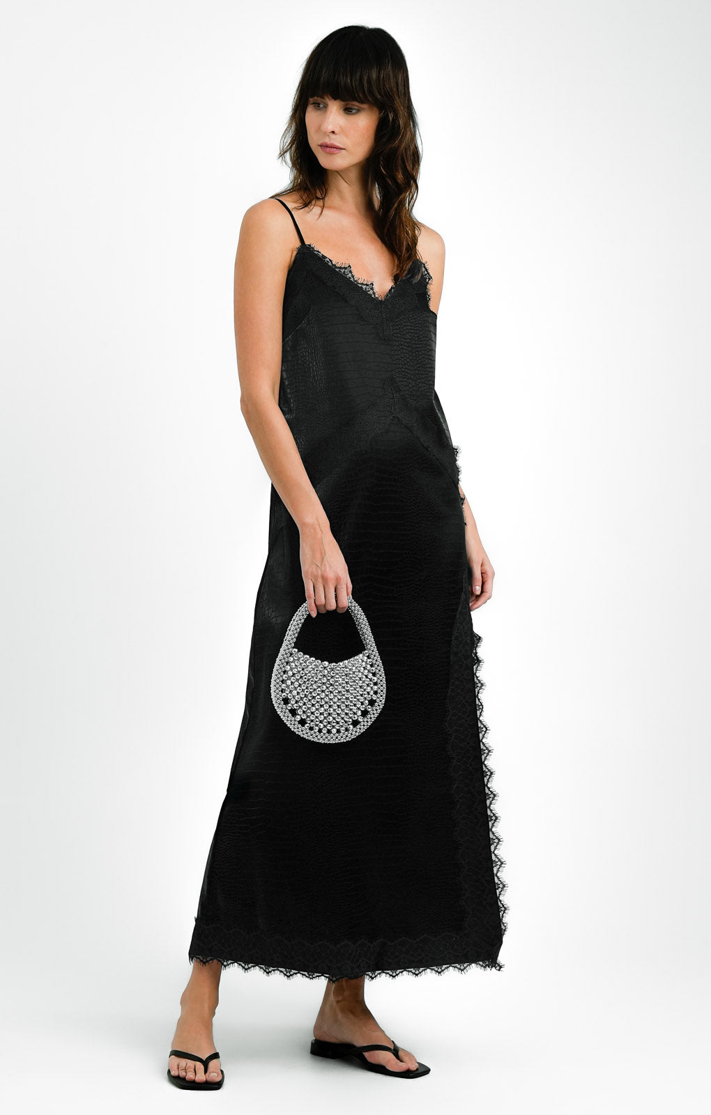 Miss Selfridge Lace Trim Faux Leather Croc Maxi Dress In Black