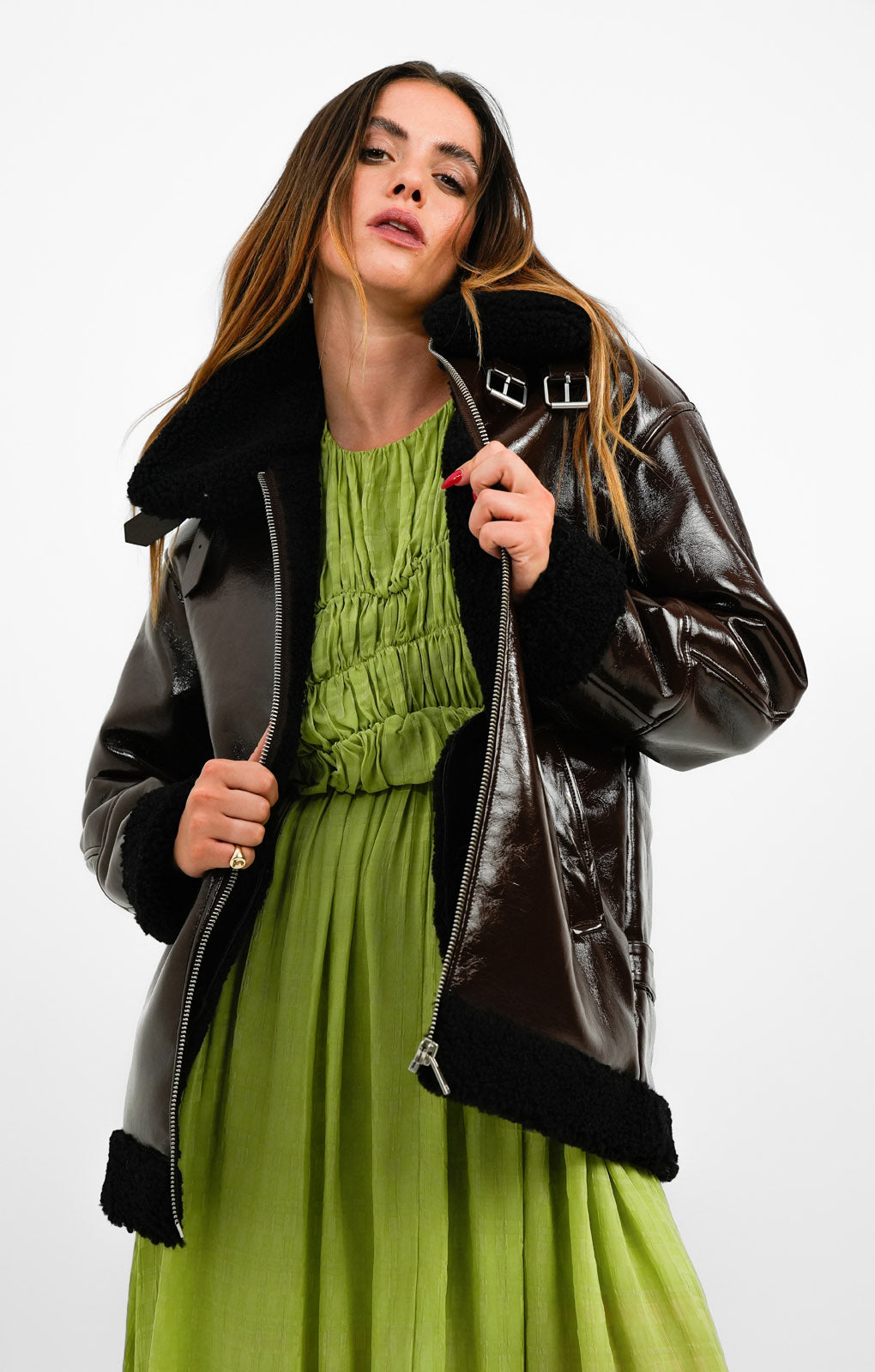 Rent Urbancode Patent Longline Aviator Jacket With Borg Trims In Chocolate Brown Hirestreet