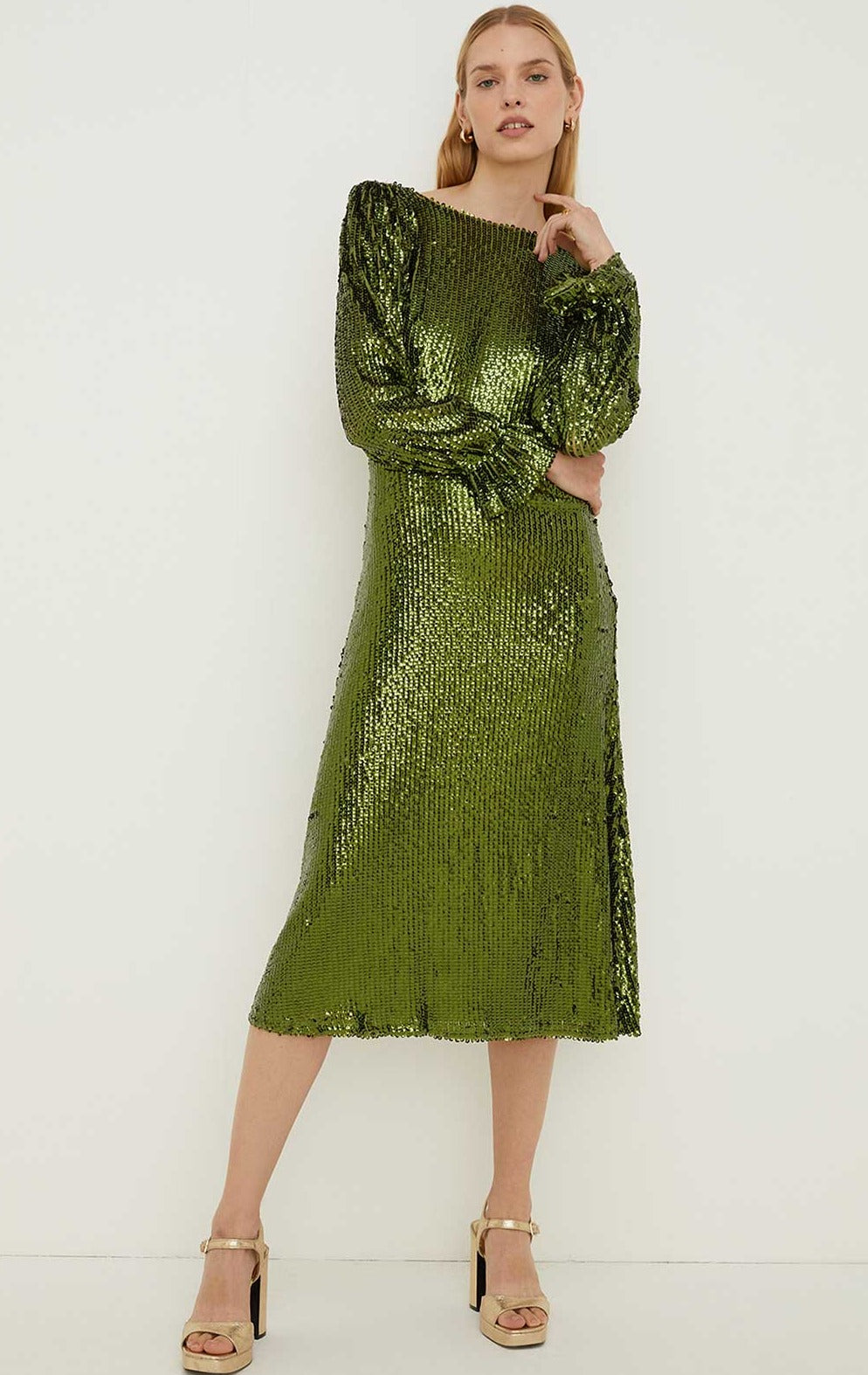 Rent Oasis Rachel Stevens Sequin V Back Long Sleeve Midi Dress | Hirestreet