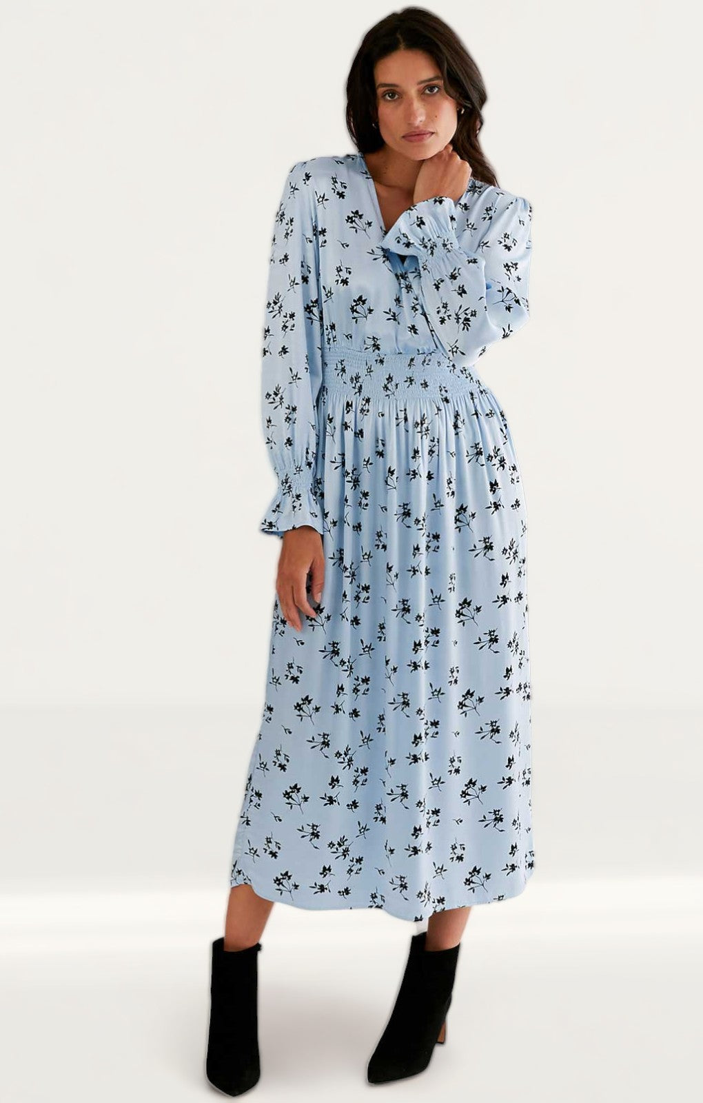 Rent M S X Ghost Satin Floral Shirred Midi Waisted Dress Hirestreet