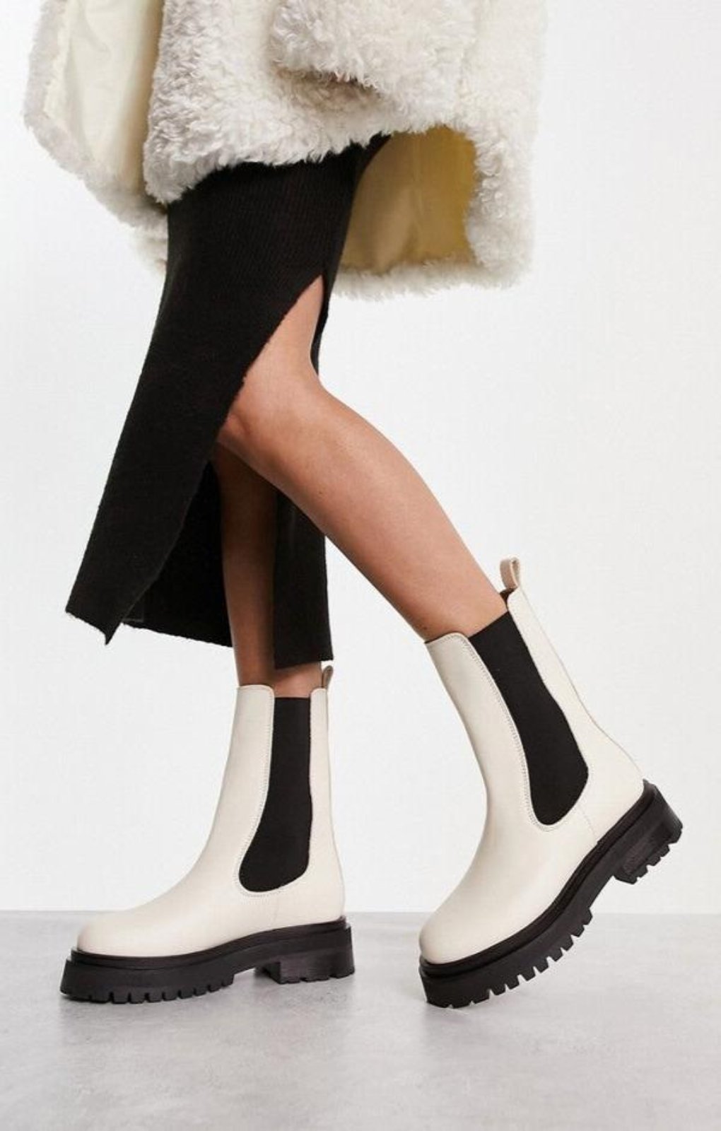 Leather Pull On Chunky Boots In White