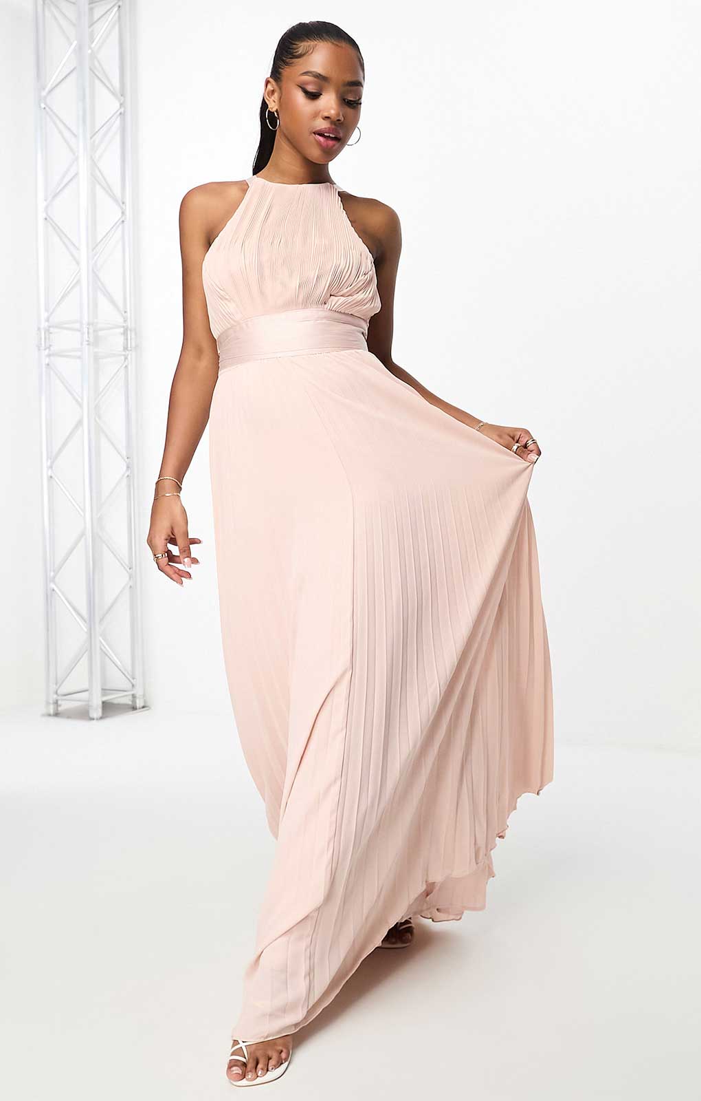 Rent Asos Design Pleated Pinny Maxi Dress With Satin Wrap Waist In Pink Hirestreet