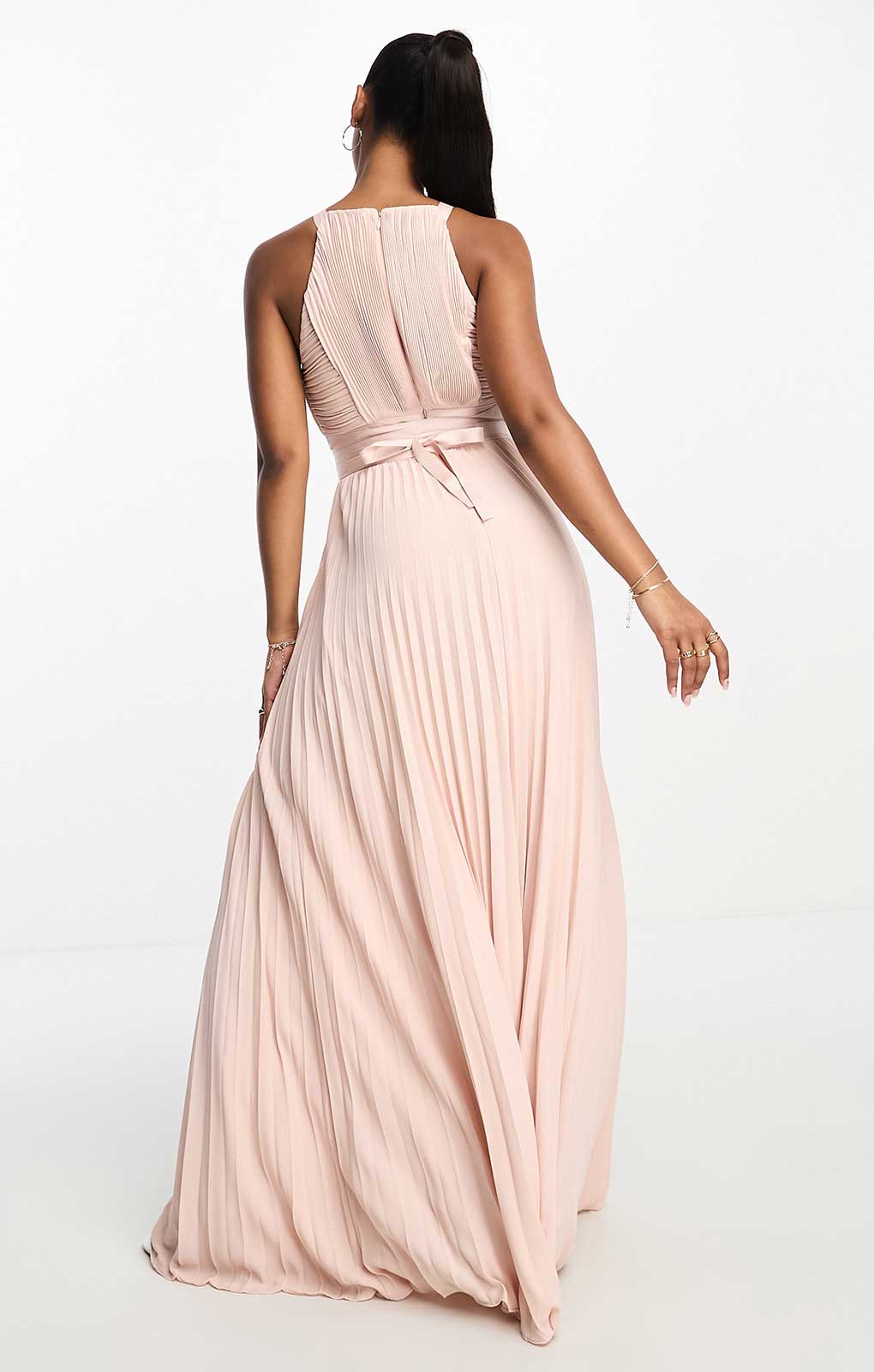 Rent Asos Design Pleated Pinny Maxi Dress With Satin Wrap Waist In Pink Hirestreet