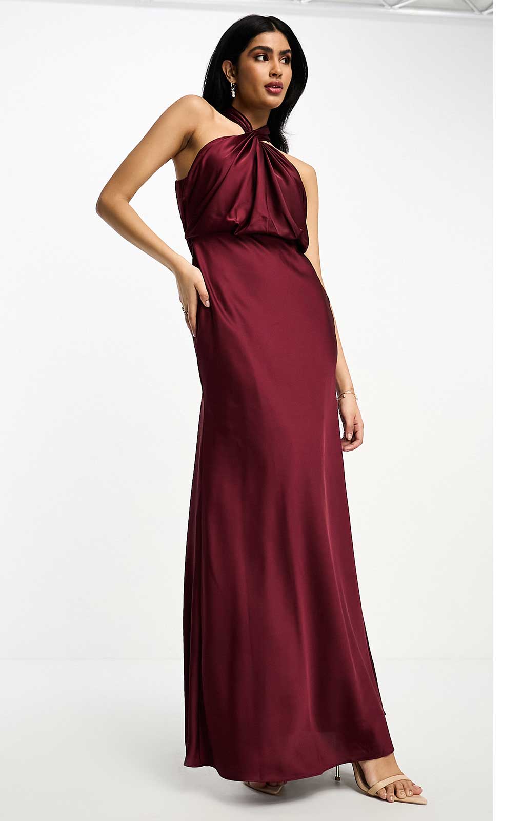 Rent Asos Edition Satin Ruched Halter Neck Maxi Dress In Wine In Burgundy Hirestreet