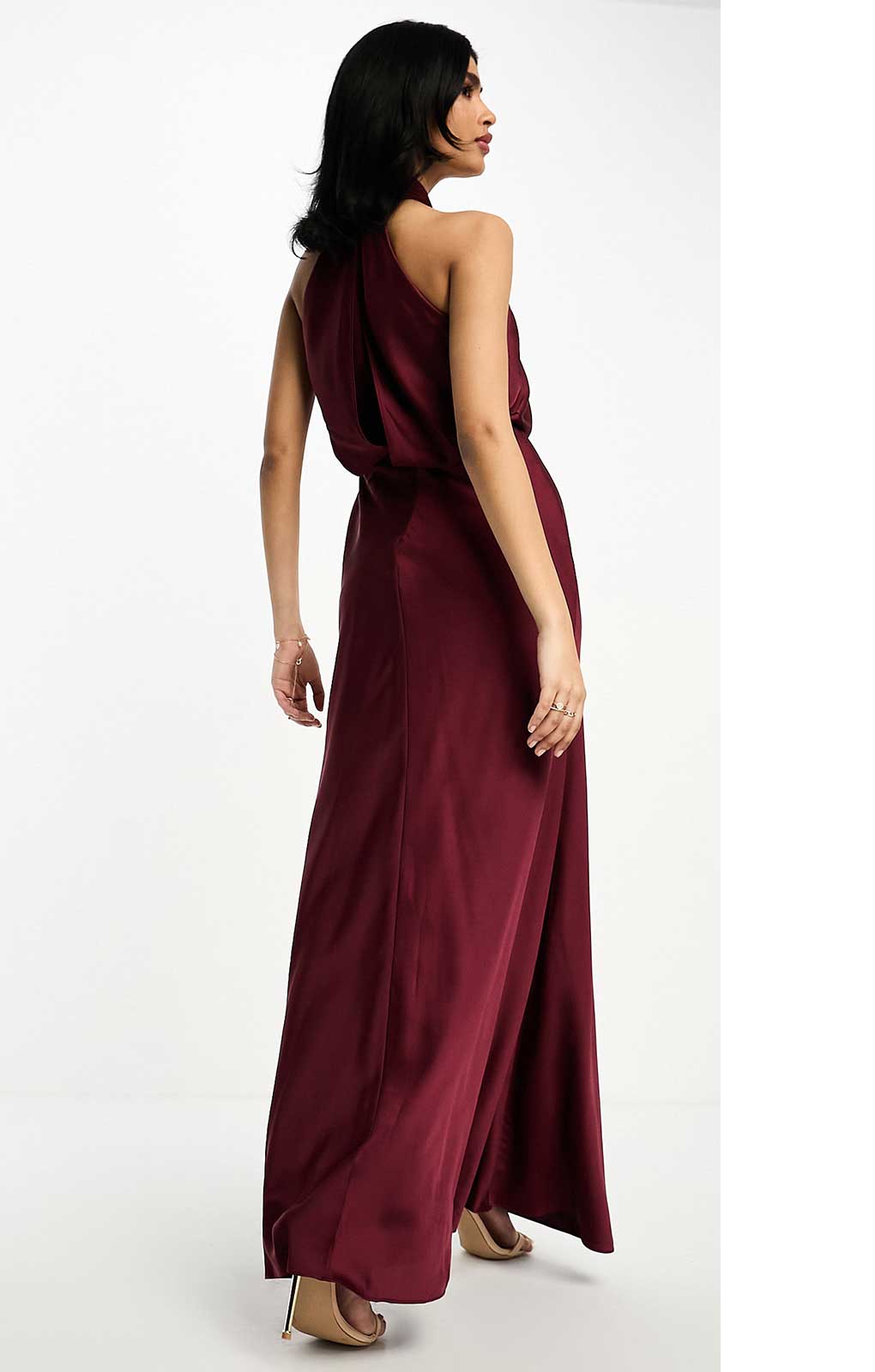 Rent Asos Edition Satin Ruched Halter Neck Maxi Dress In Wine In Burgundy Hirestreet