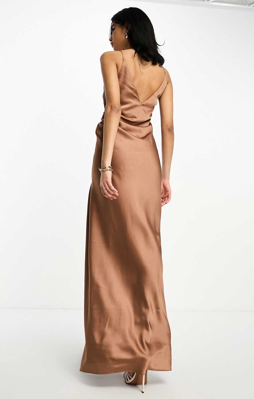 Asos Edition Satin Cami Maxi Dress With Drape Detail In Mocha Brown