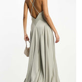 Asos Edition Satin Plunge Maxi Dress With Cross Back In Sage Green