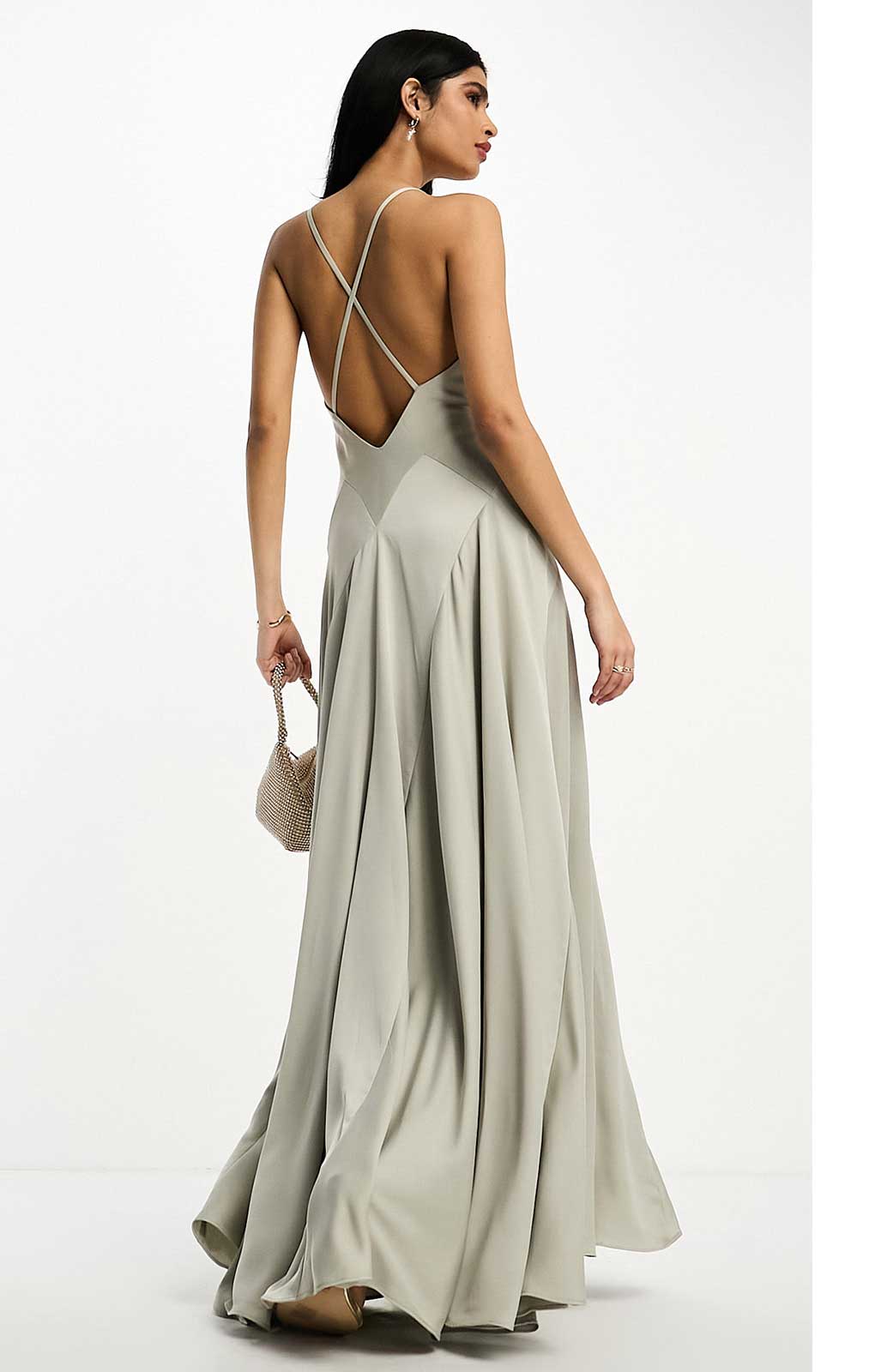 Asos Edition Satin Plunge Maxi Dress With Cross Back In Sage Green