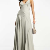 Asos Edition Satin Plunge Maxi Dress With Cross Back In Sage Green