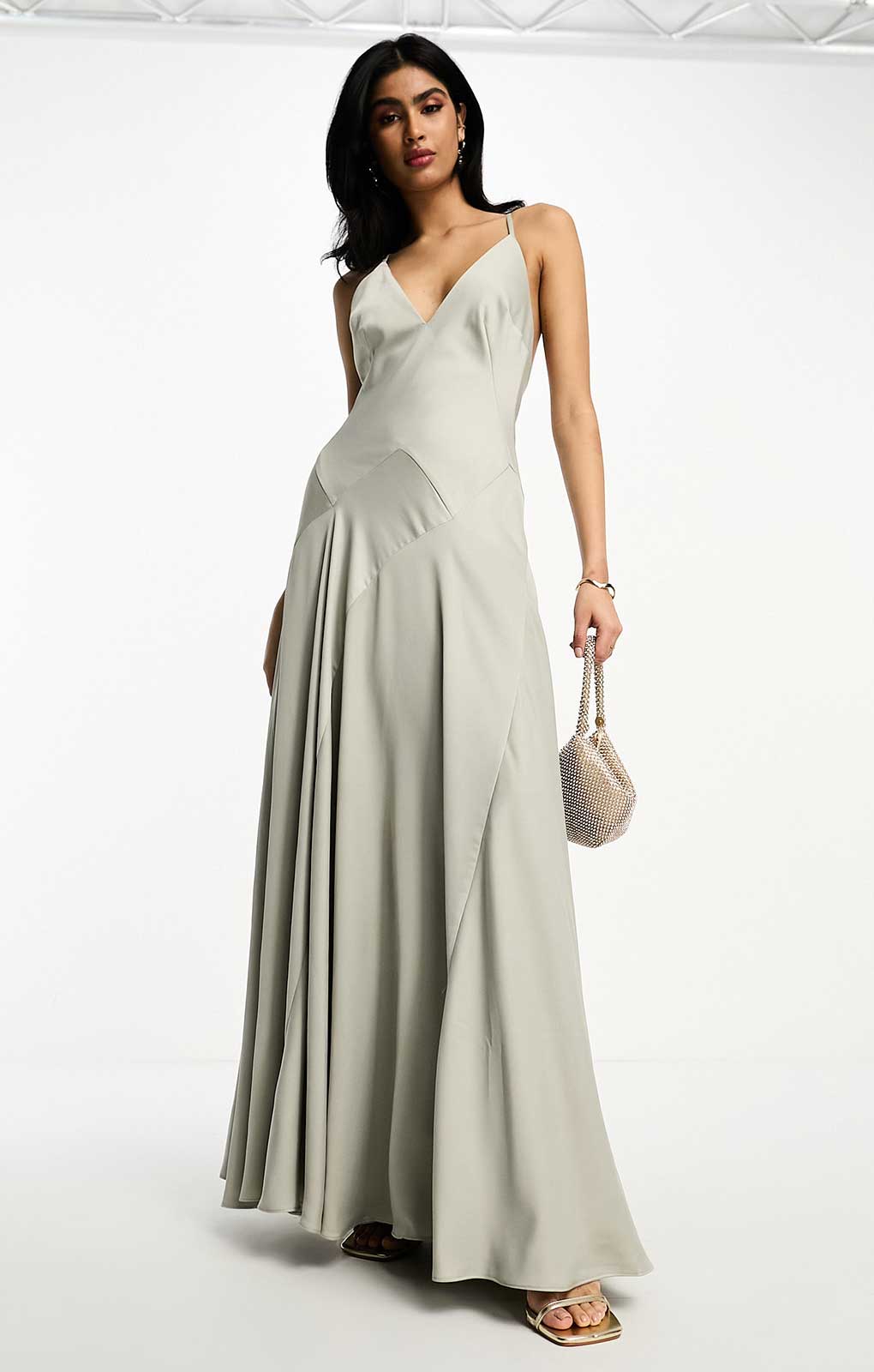 Asos Edition Satin Plunge Maxi Dress With Cross Back In Sage Green