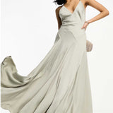 Asos Edition Satin Plunge Maxi Dress With Cross Back In Sage Green