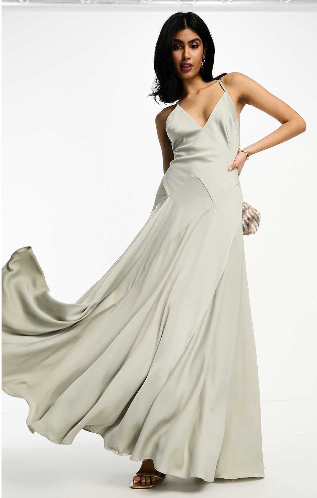 Asos Edition Satin Plunge Maxi Dress With Cross Back In Sage Green