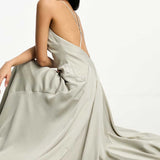 Asos Edition Satin Plunge Maxi Dress With Cross Back In Sage Green