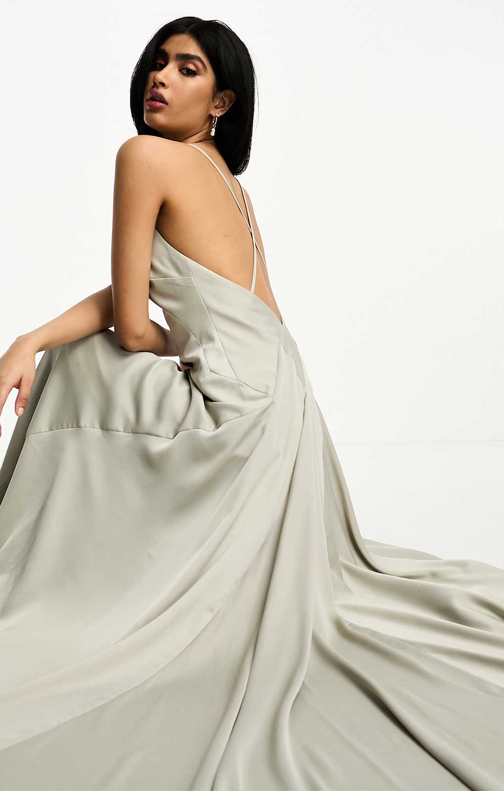 Asos Edition Satin Plunge Maxi Dress With Cross Back In Sage Green