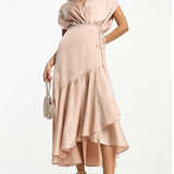 Asos Edition Satin Wrap Midi Dress With Ruched Detail In Blush Pink