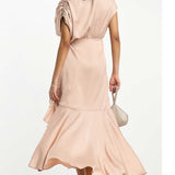 Asos Edition Satin Wrap Midi Dress With Ruched Detail In Blush Pink