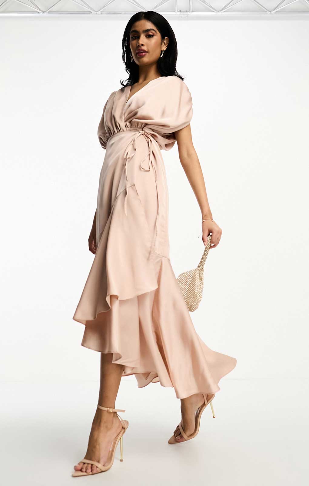 Asos Edition Satin Wrap Midi Dress With Ruched Detail In Blush Pink