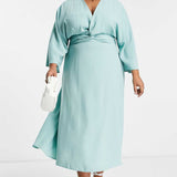 Asos Design Curve Batwing Twist Front Midi Skater Dress In Duck Egg Blue