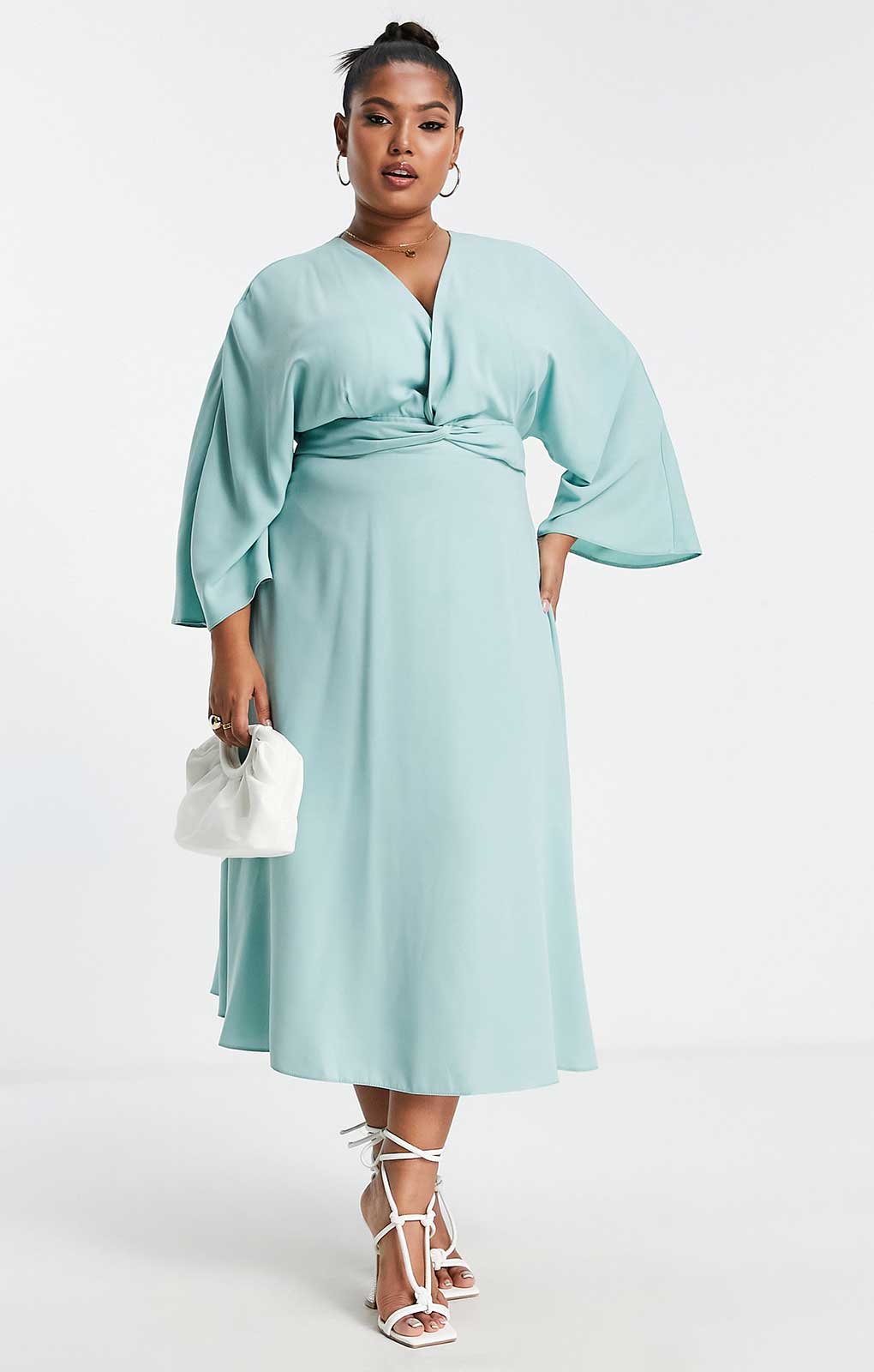 Asos Design Curve Batwing Twist Front Midi Skater Dress In Duck Egg Blue