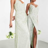 Asos Edition Embellished Drape Side Cami Maxi Dress In Sage Green