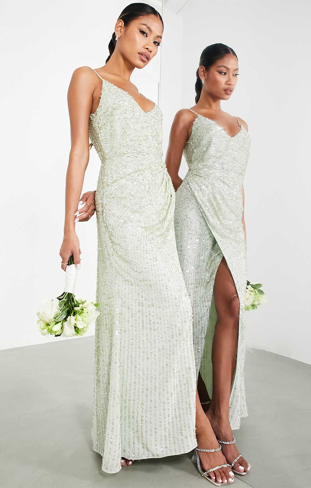 Asos Edition Embellished Drape Side Cami Maxi Dress In Sage Green