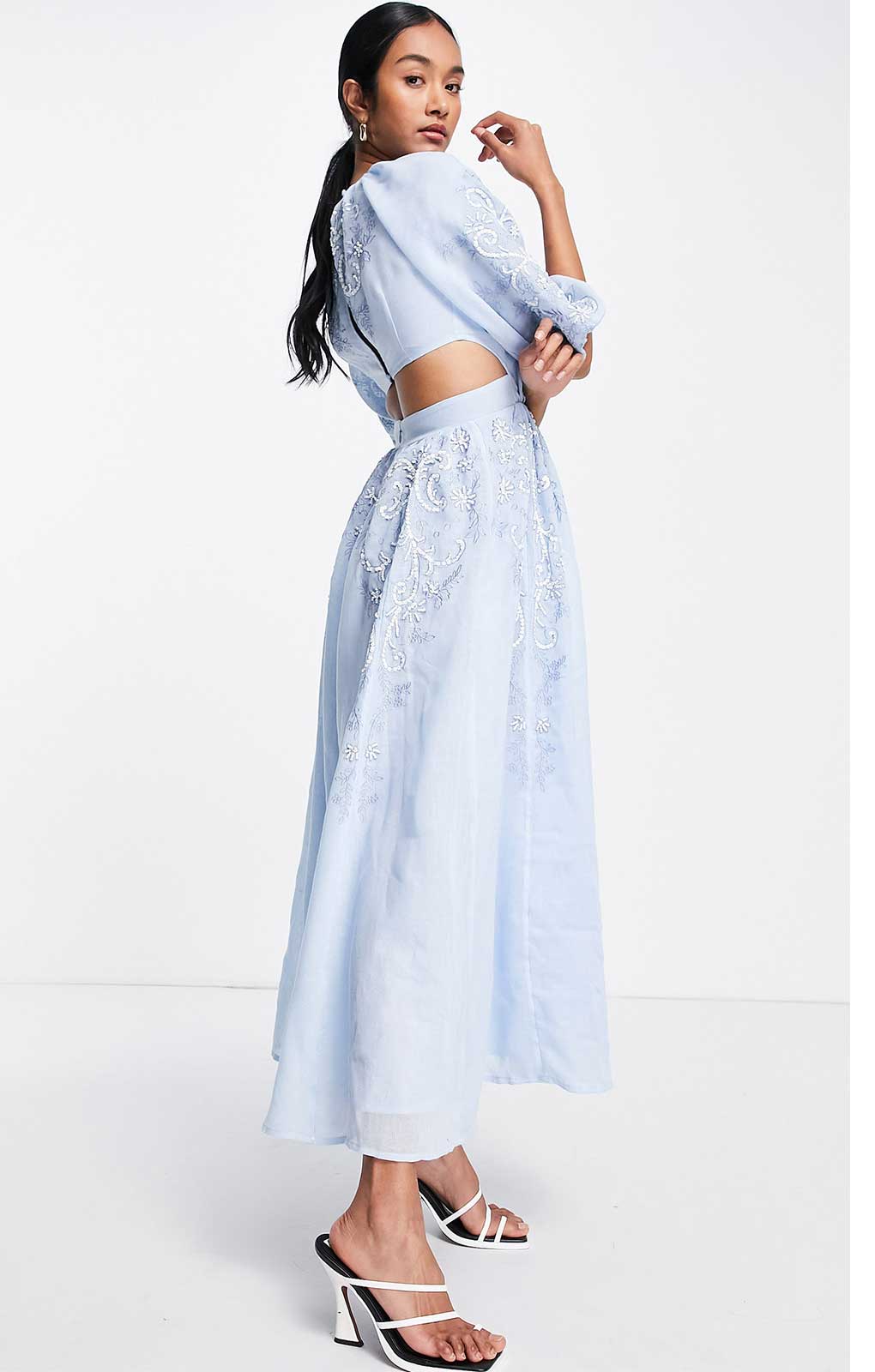 Asos Edition Puff Sleeve Midi Dress With Cut Out Back And Beaded Embroidery In Blue