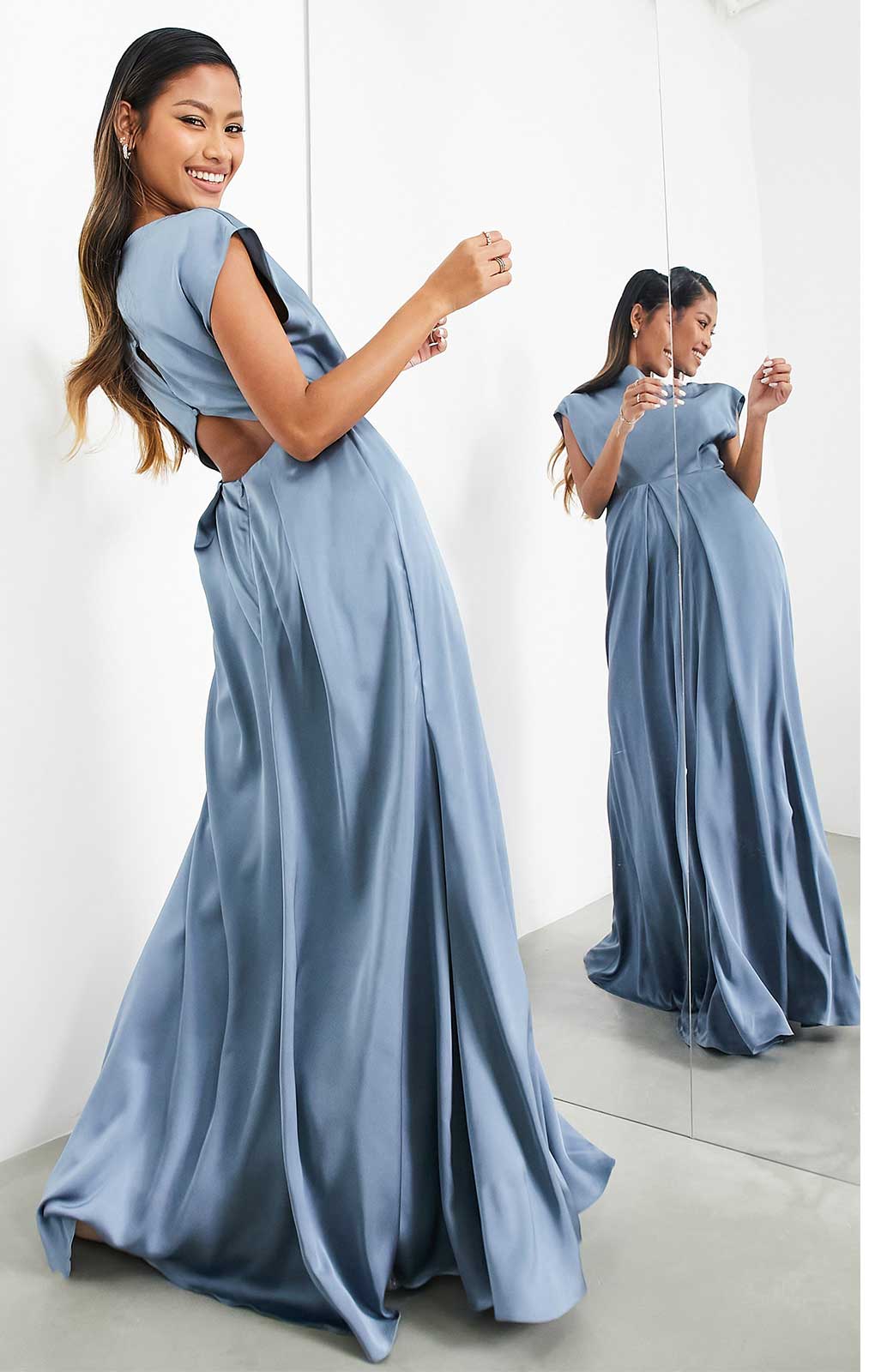 Rent Asos Edition Satin Cowl Neck Maxi Dress With Cut Out Back In Dusky Blue Hirestreet