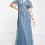 Asos Design Flutter Sleeve Maxi Dress With Trailing Floral Embellishment In Blue