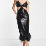 Asos Design Strappy Sequin Maxi Dress With Faux Feather Hem Detail In Black