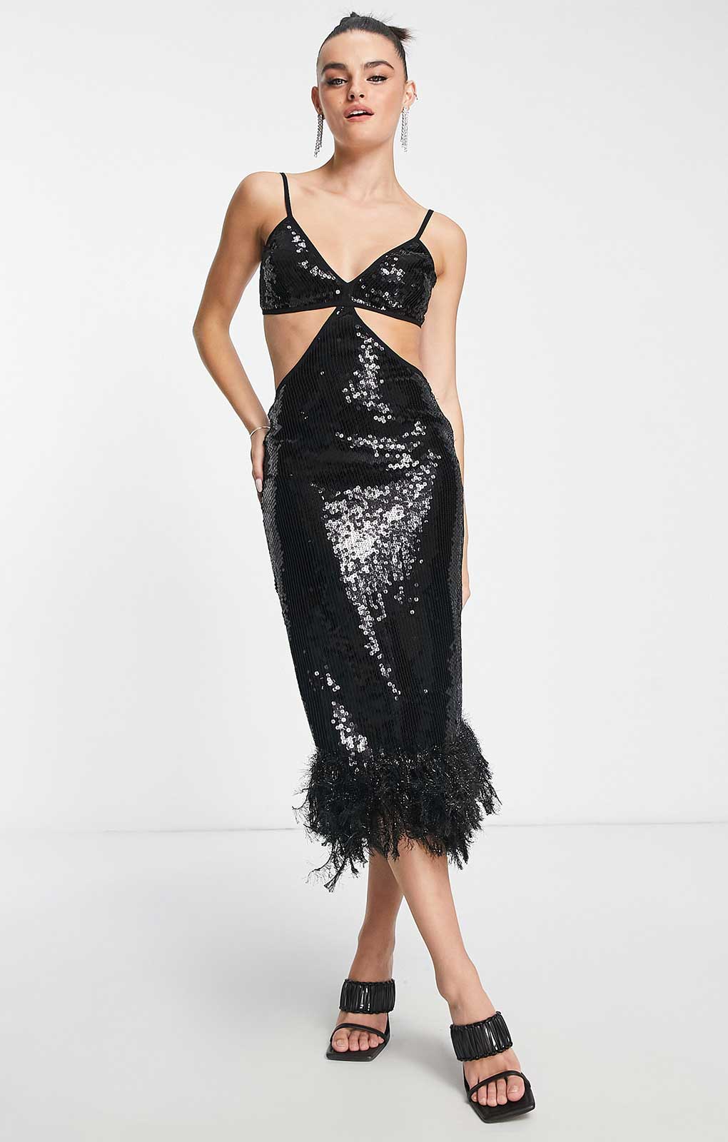 Asos Design Strappy Sequin Maxi Dress With Faux Feather Hem Detail In Black