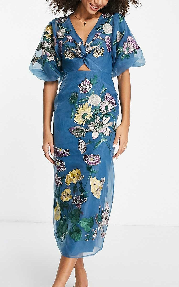 Asos Edition Floral Embroidered Organza Midi Dress In Steel Blue