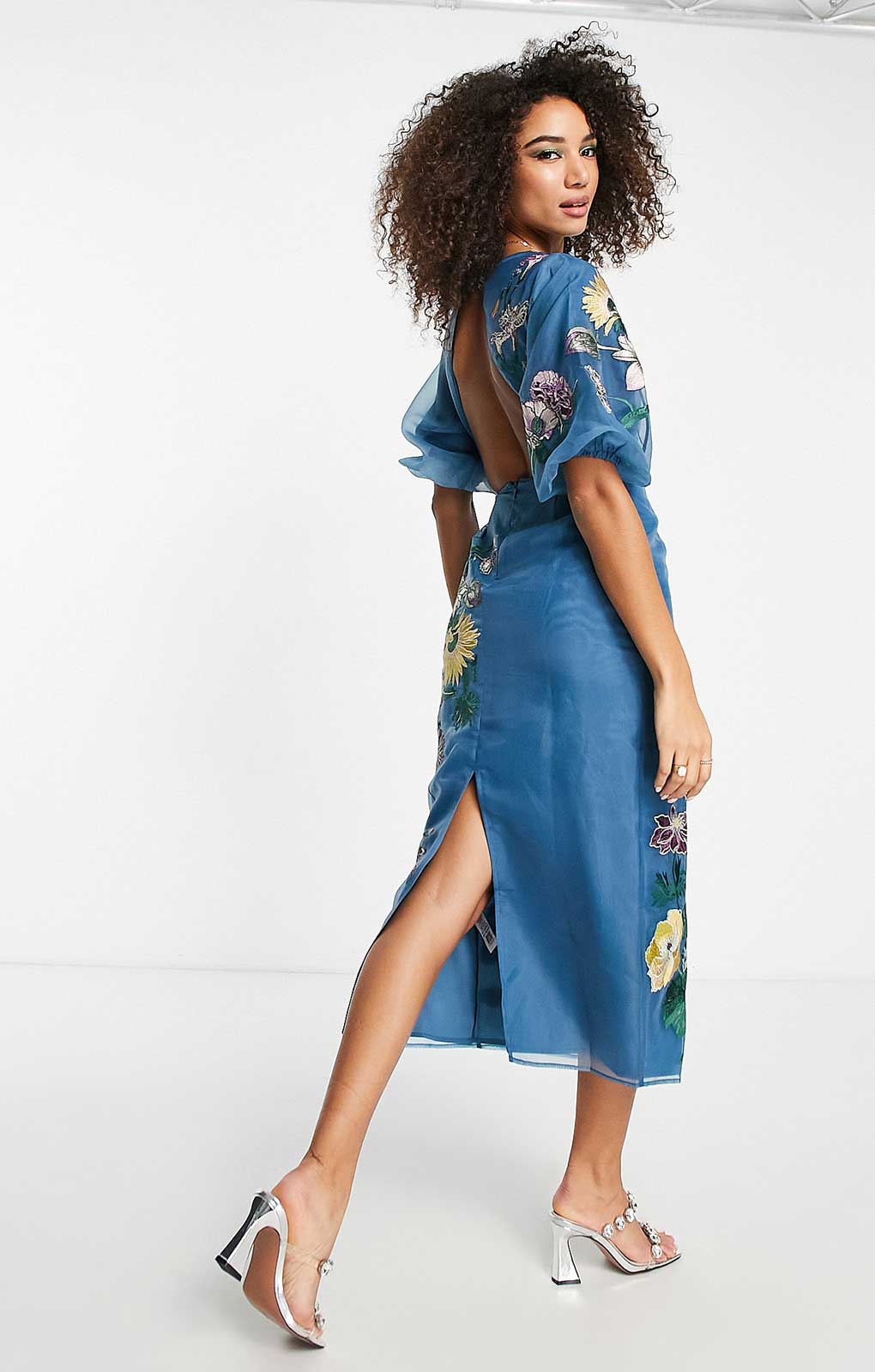 Asos Edition Floral Embroidered Organza Midi Dress In Steel Blue
