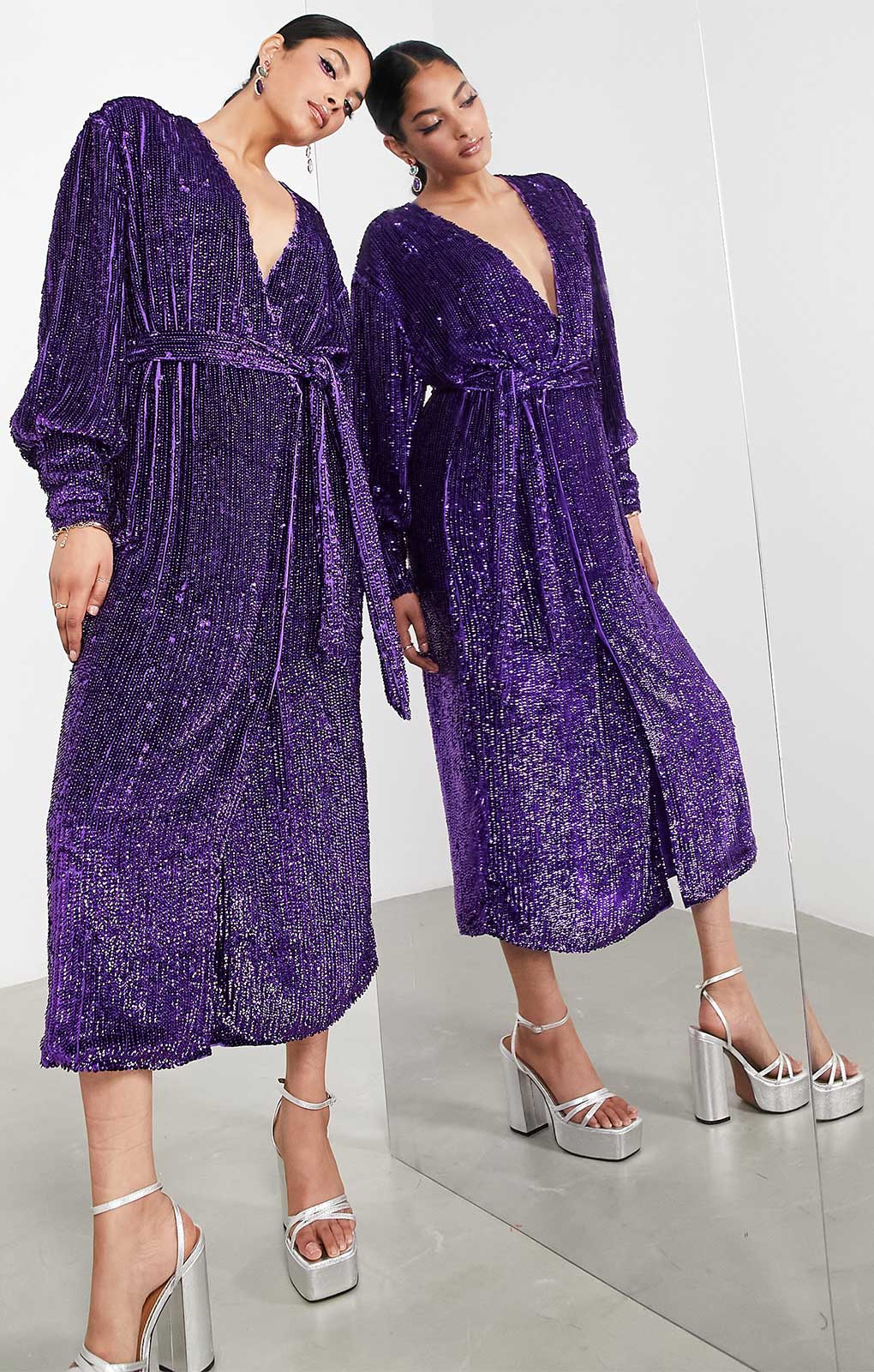 Rent Asos Edition Sequin Wrap Midi Dress In Purple Hirestreet