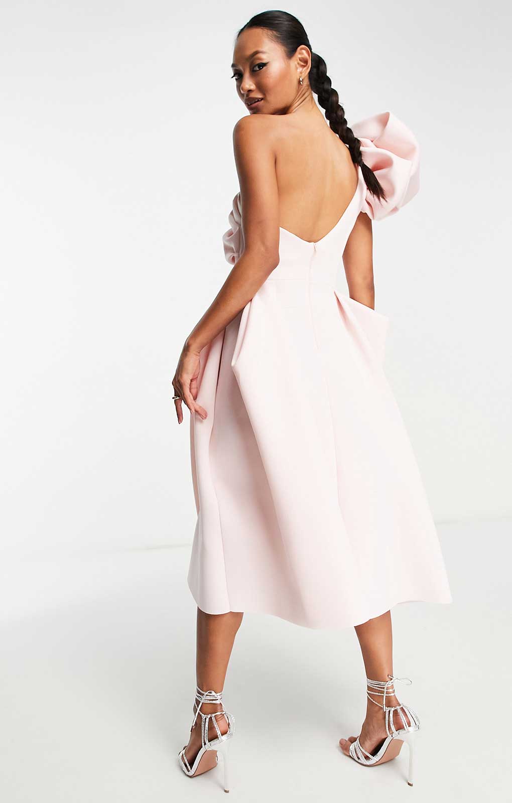 Asos Design One Shoulder Origami Midi Prom Dress In Blush