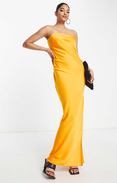 Rent Asos Design Satin Bandeau Maxi Dress With Cowl Back In Orange