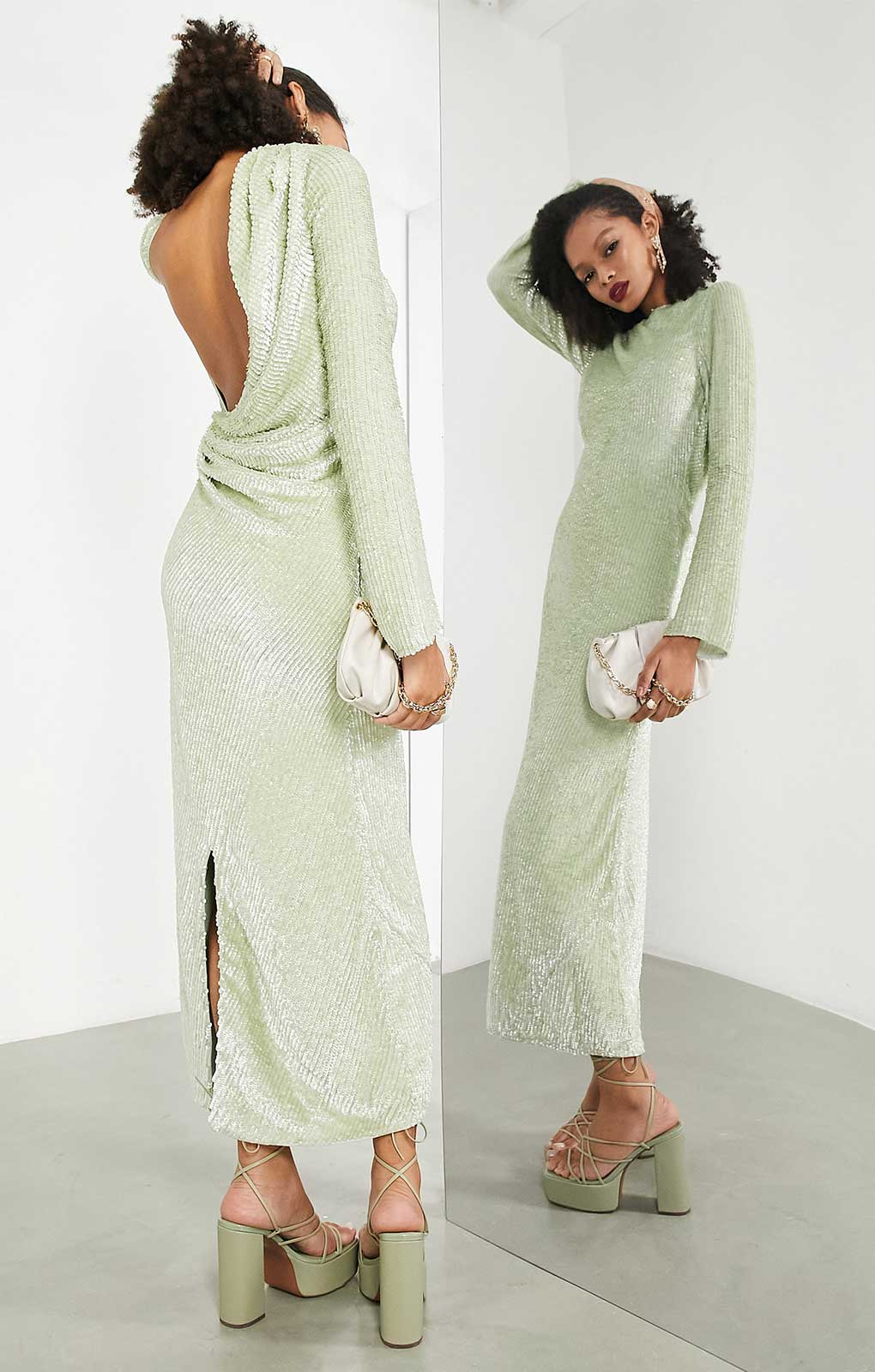 Rent Asos Edition All Over Sequin Backless Drape Midi Dress In Sage Green Hirestreet